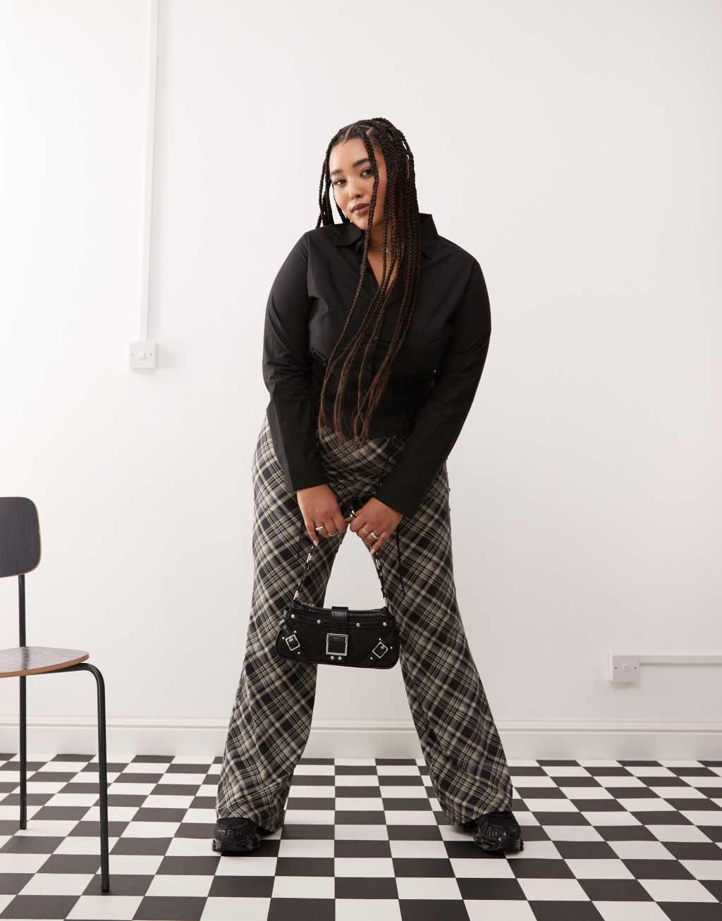 Noisy May Curve flared pants in black check Product Image