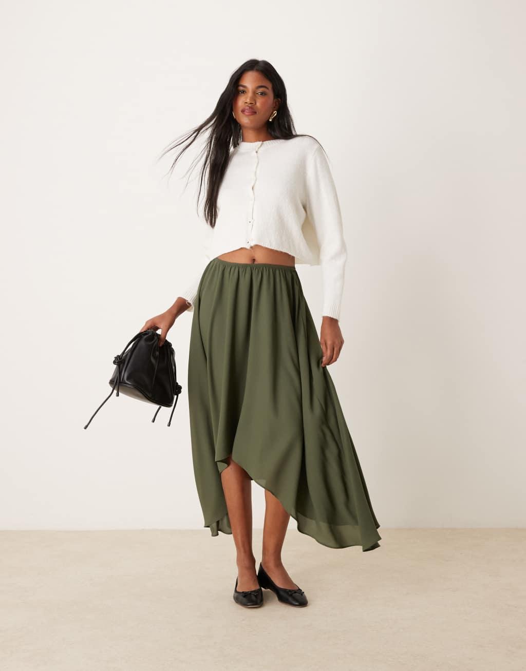 ASOS DESIGN floaty high low hem midi skirt in khaki Product Image