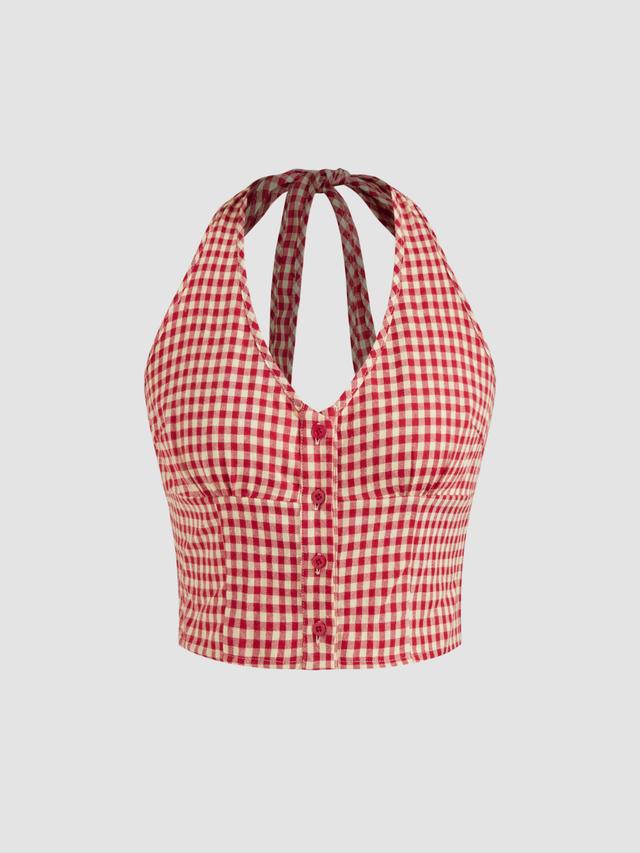 Halter Neckline Gingham Button Crop Top Product Image