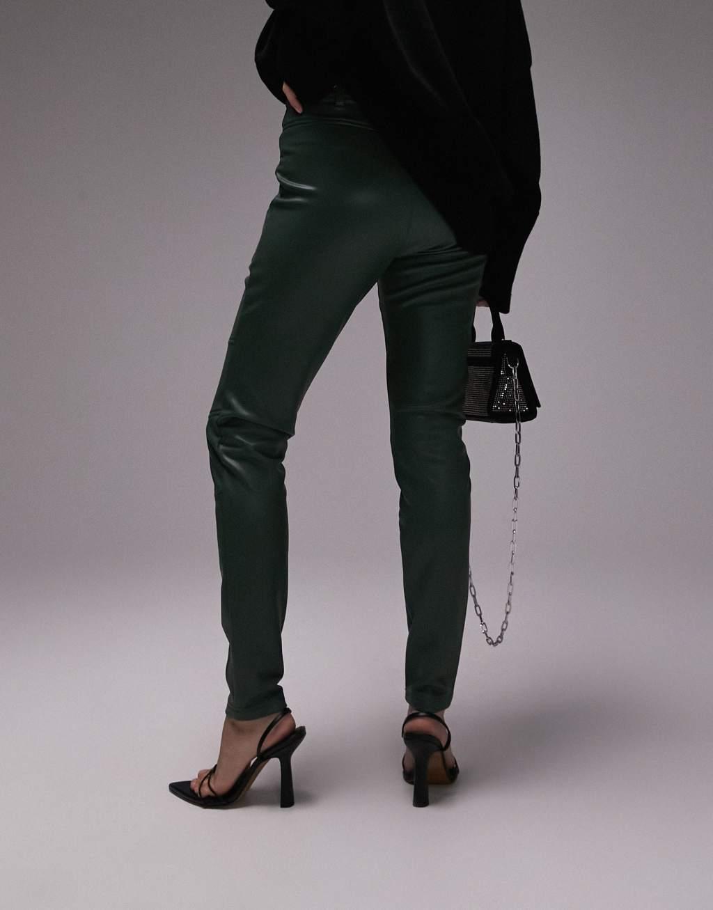 Topshop faux leather skinny fit biker pants in khaki Product Image