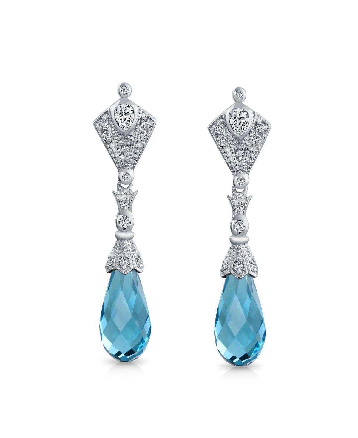 Bling Jewelry Deco Style Aqua Blue Briolette Faceted Teardrop Cubic Zirconia Cz Chandelier Earrings For Women Sterling Silver Product Image