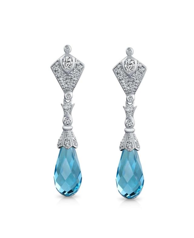 Bling Jewelry Deco Style Aqua Blue Briolette Faceted Teardrop Cubic Zirconia Cz Chandelier Earrings For Women Sterling Silver Product Image