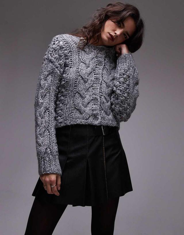 Topshop hand knit chunky cable knit cardigan in gray  Product Image