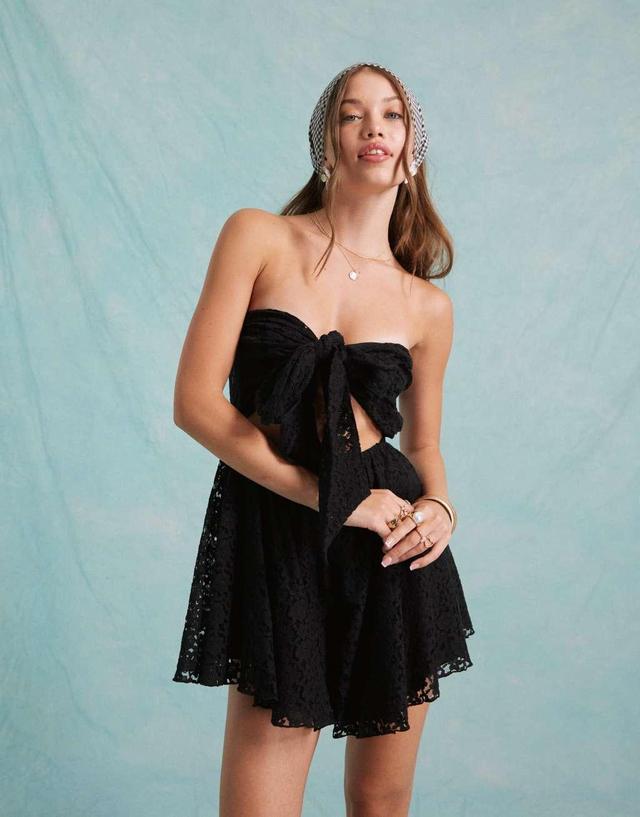 Miss Selfridge beach lace tie front romper in black Product Image