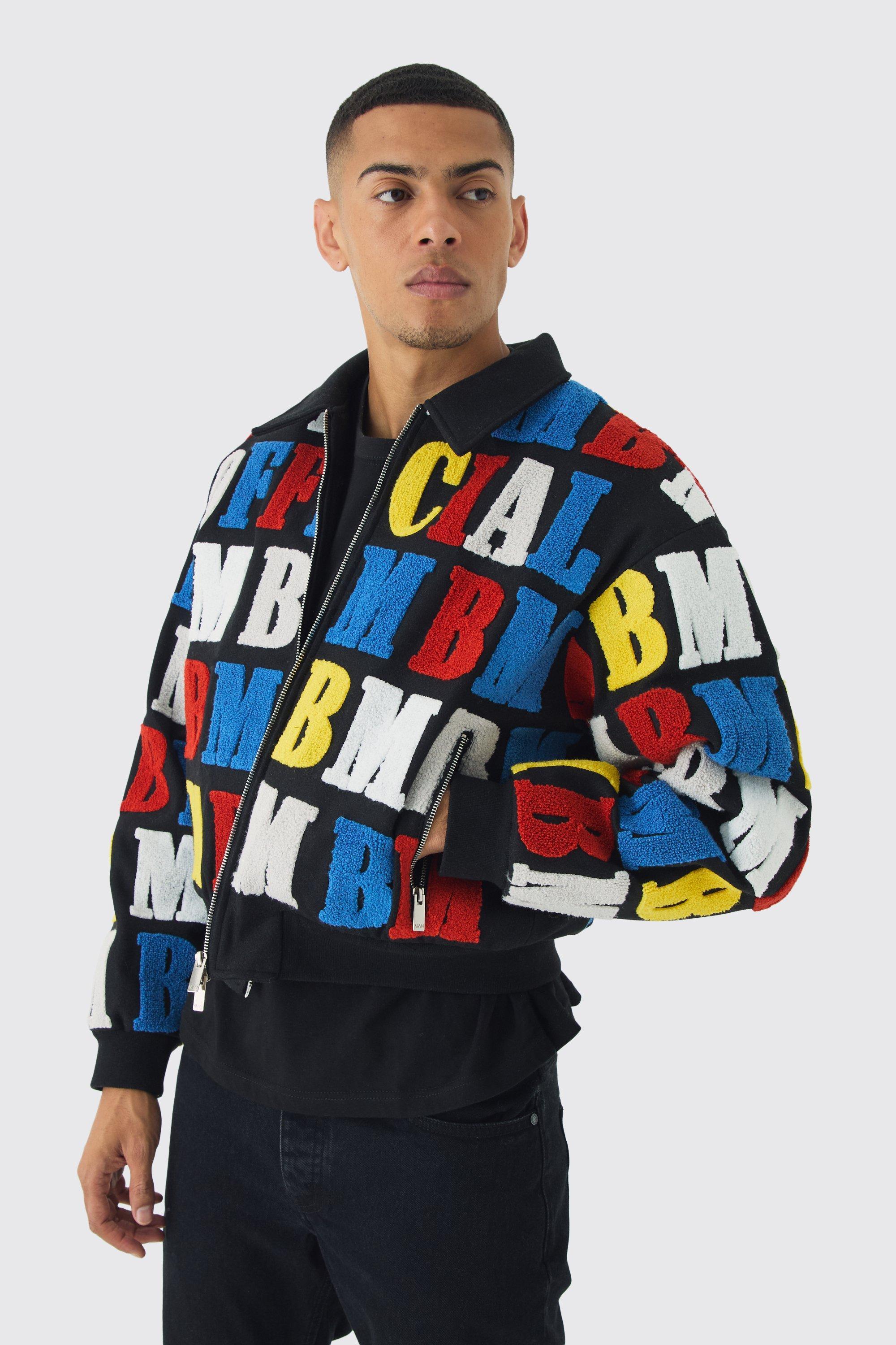 Boxy Letter Badge Collared Varsity Jacket In Black | boohooMAN USA Product Image