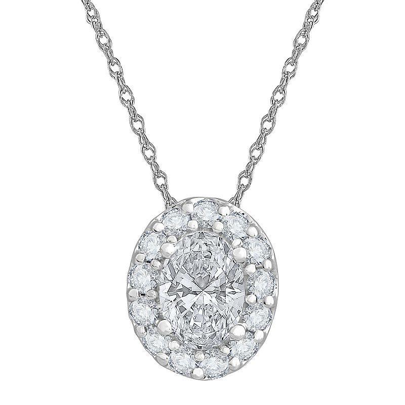 Diamond Medley 14k White Gold 1 Carat T.W. Lab-Grown Diamond Oval Halo Pendant Necklace, Womens Product Image