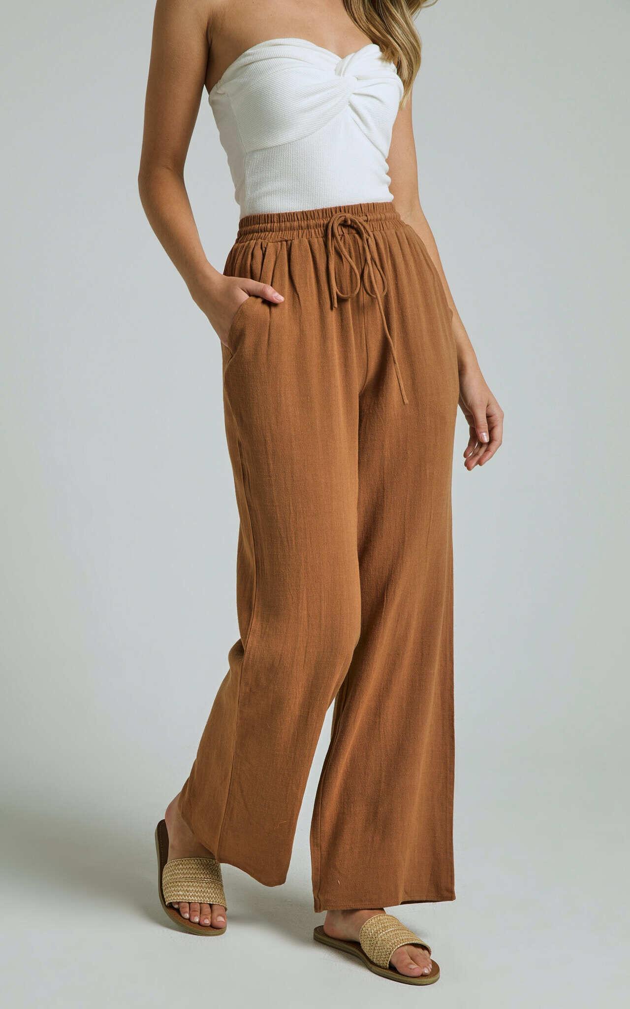 Kala Pants - Mid Waisted Relaxed Elastic Waist Pants in Tobacco Product Image