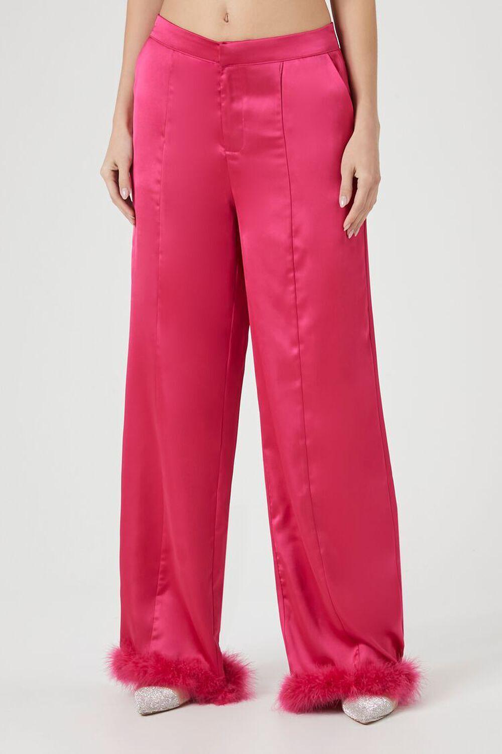 Satin Faux Fur-Trim Pants | Forever 21 Product Image