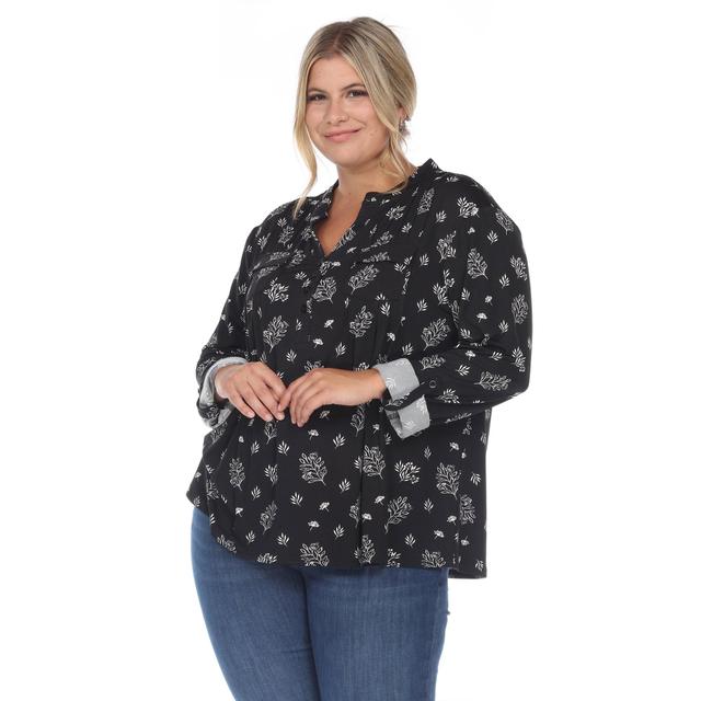 Pleated Long Sleeve Leaf Print Blouse - Plus Product Image