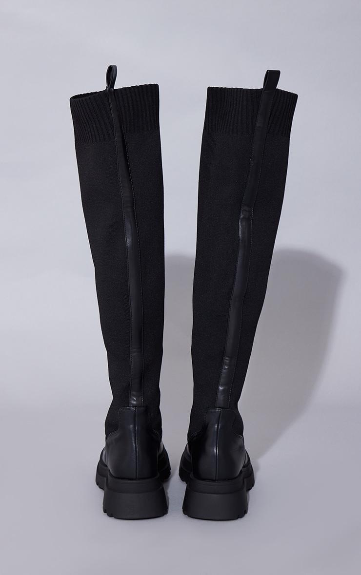 Black PU Contrast Knitted Over The Knee Boots Product Image