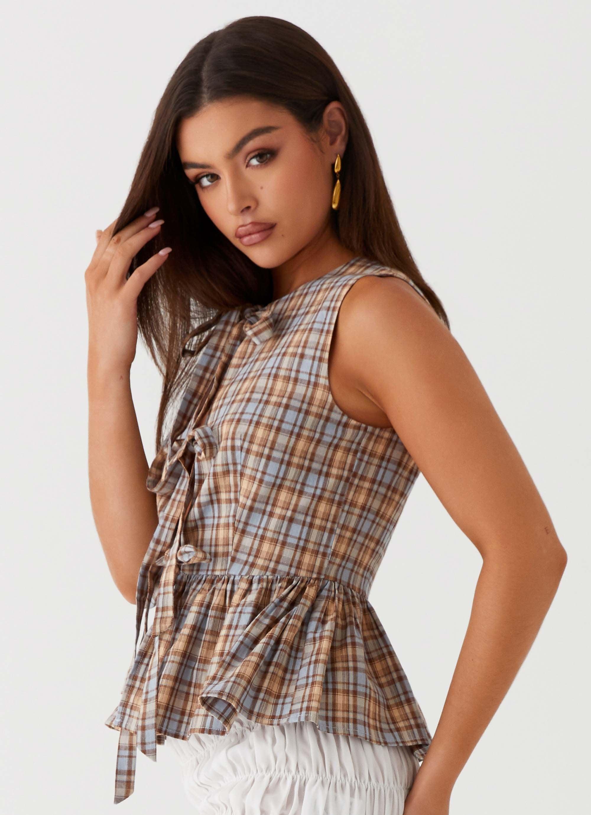 Cyrene Tie Top - Brown Check Product Image