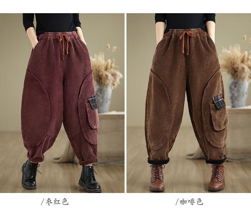 Drawstring Waist Plaid Panel Corduroy Cropped Baggy Pants Product Image