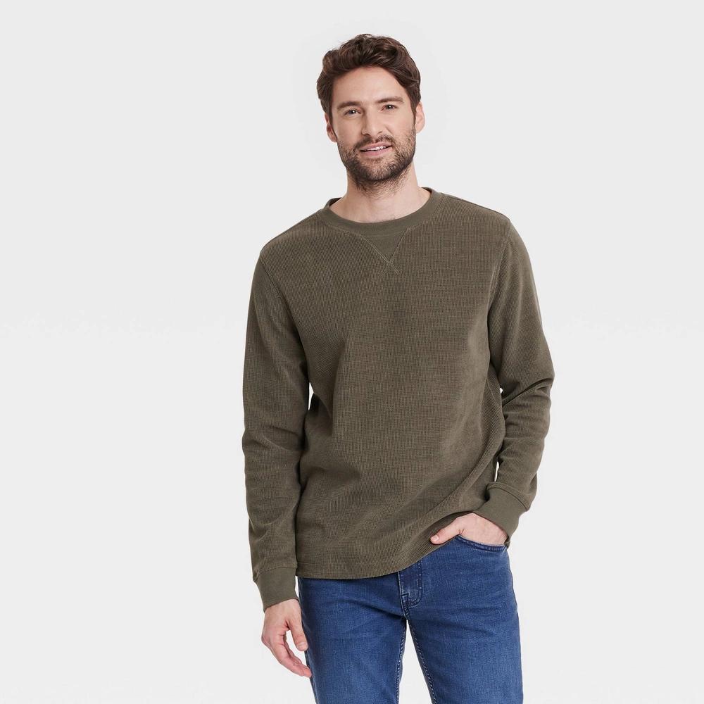 Mens Long Sleeve Textured Crewneck T-Shirt - Goodfellow & Co Olive XL Product Image