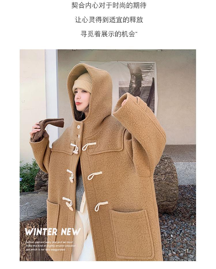 Hooded Toggle Plain Long Coat Product Image