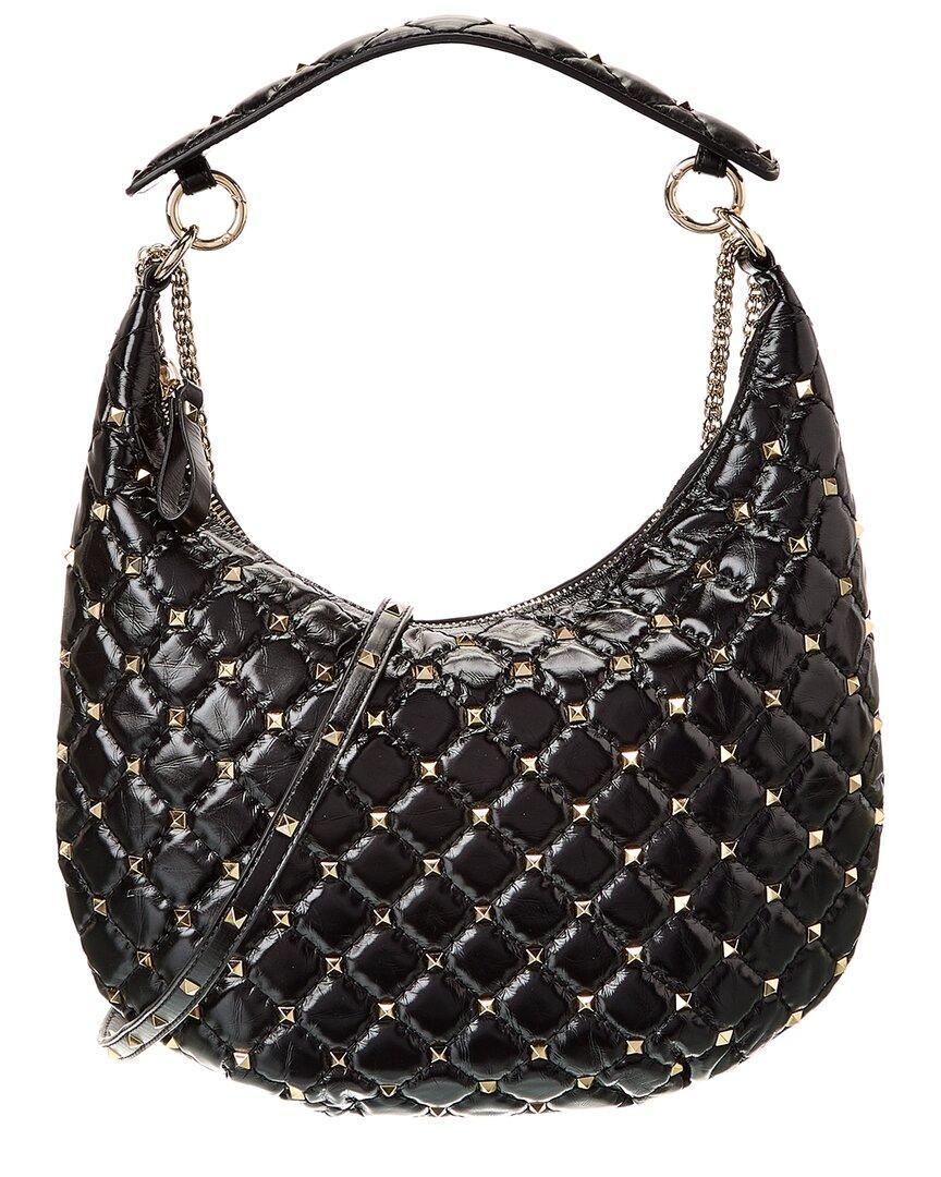 Valentino Rockstud Spike Leather Hobo Bag In Black Product Image