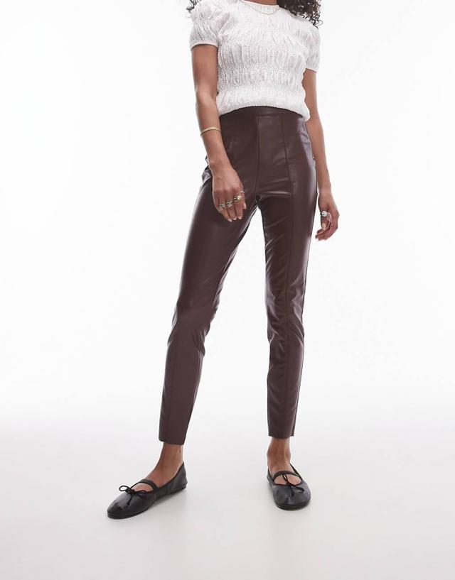 Topshop skinny faux leather pants in burgundy Product Image