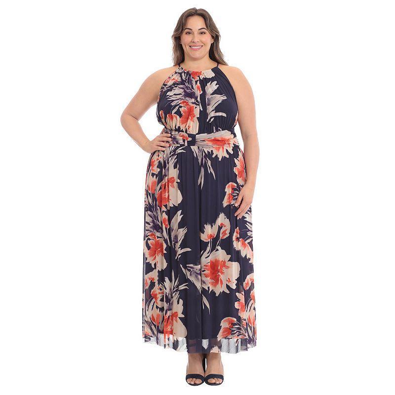 Plus Size London Times Ruched Waist Mesh Maxi Dress, Womens Navy Pink Product Image