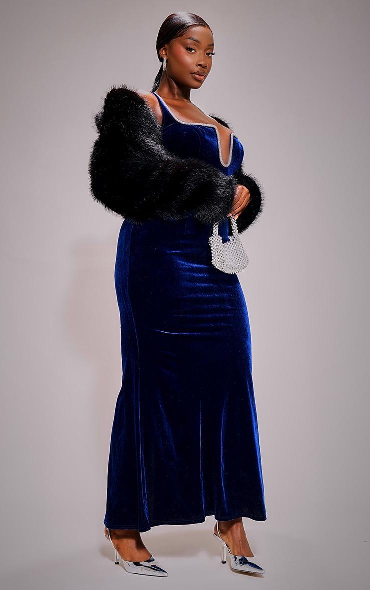 Plus Blue Velvet Diamante Trim Maxi Dress Product Image