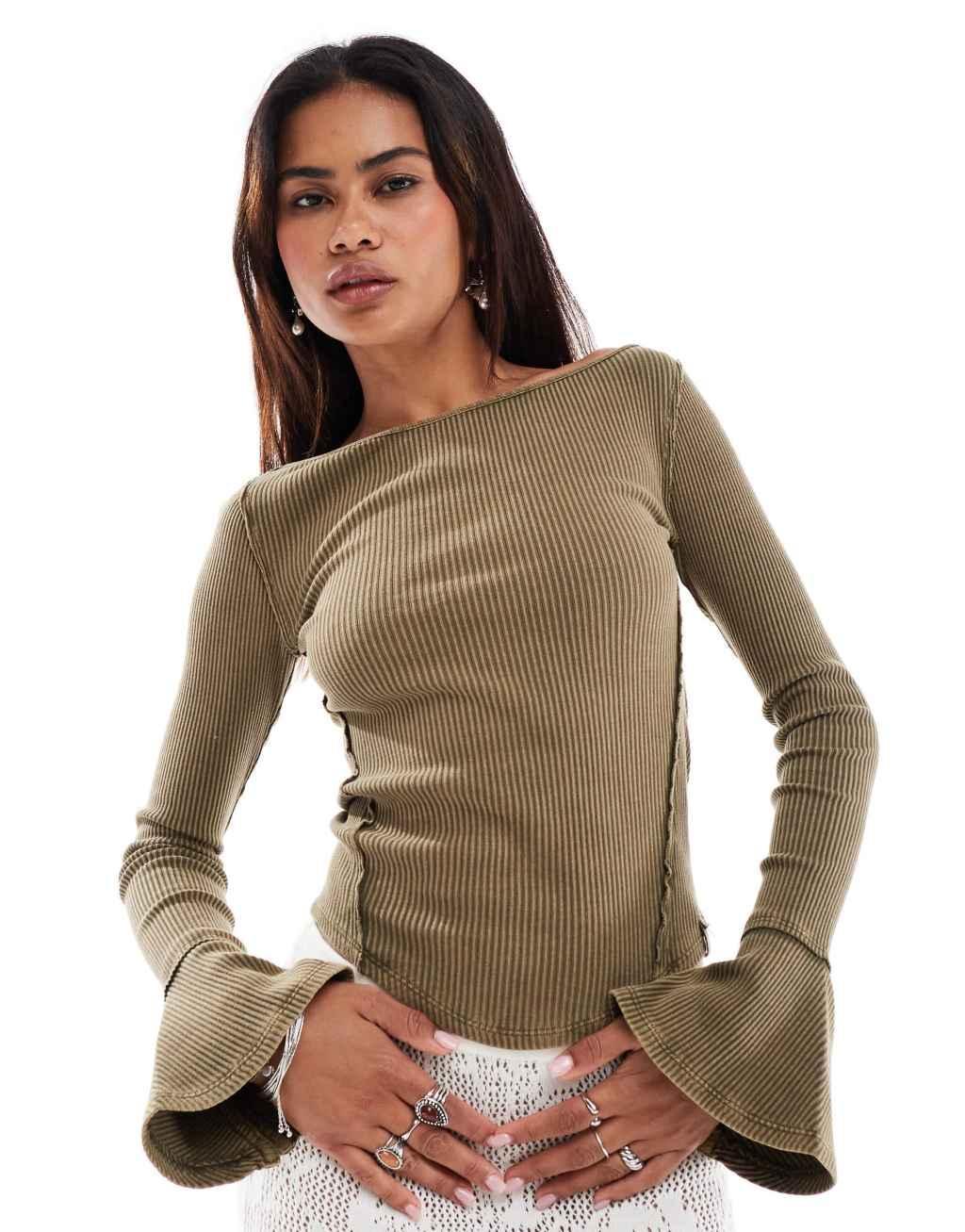 Free People ribbed boat neck long sleeve top in olive Product Image