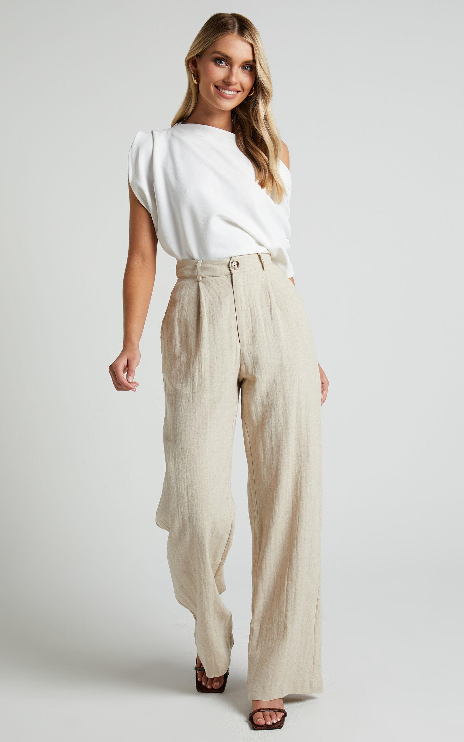 Larissa Trousers - Linen Look Mid Waisted Relaxed Straight Leg Trousers in Oatmeal Product Image