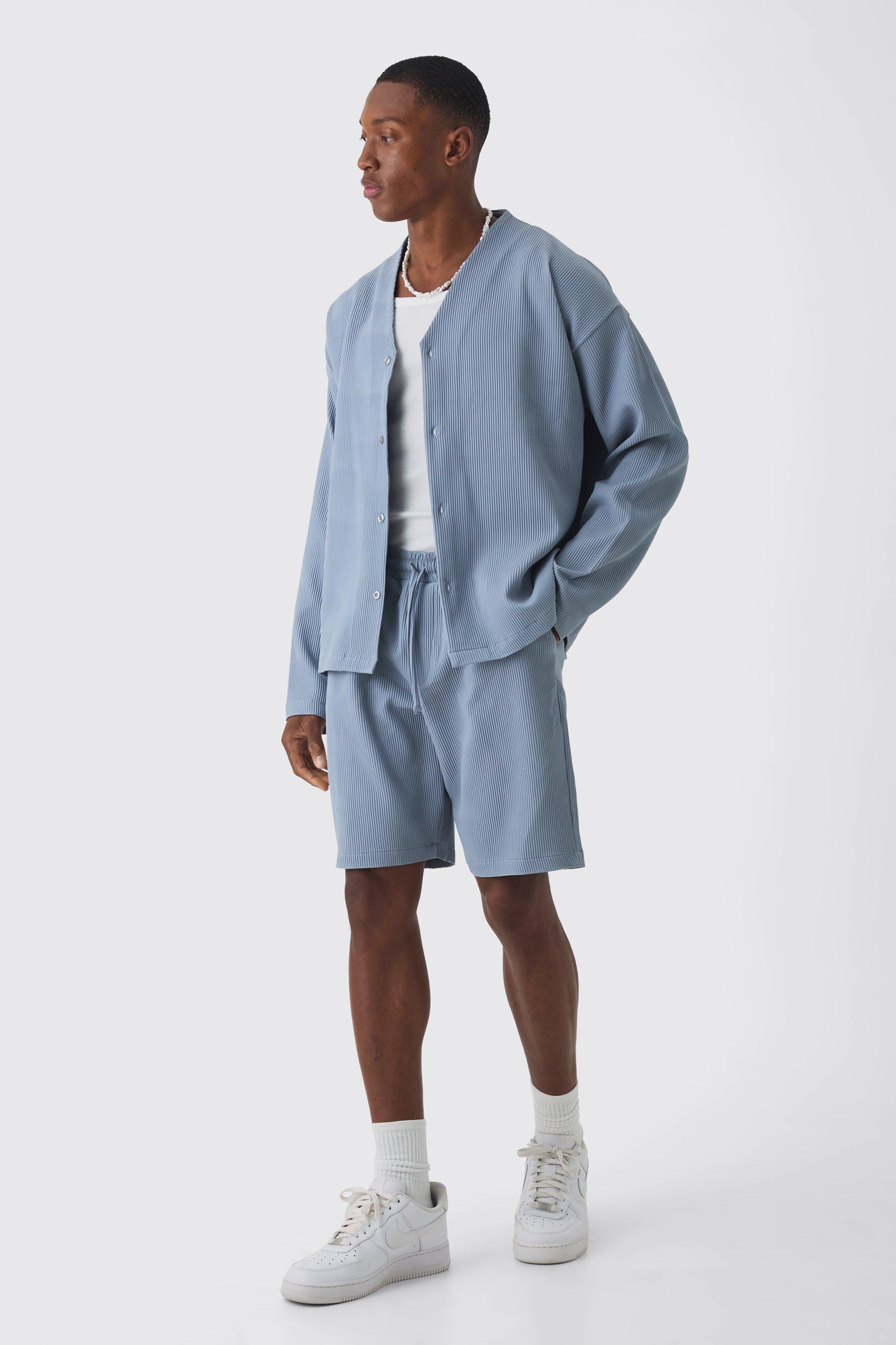 Pleated Longsleeve Collarless Boxy Shirt & Short Set | boohooMAN USA Product Image