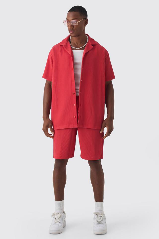 Mens Red Oversized Short Sleeve Pleated Shirt And Short Set, Red Product Image