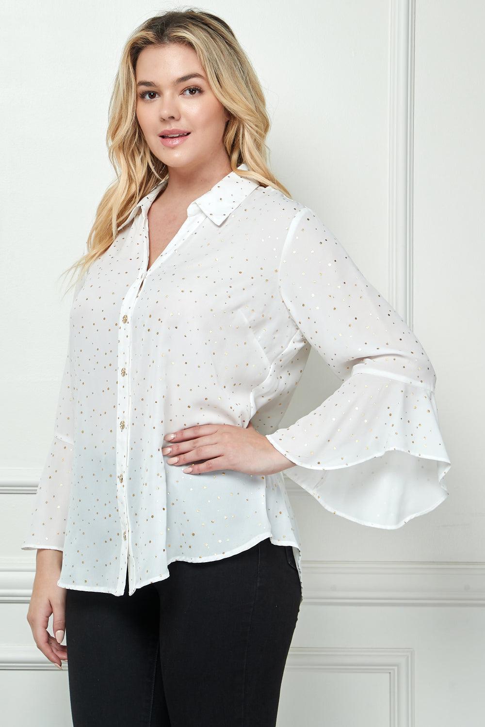 3/4 Length Ruffle Sleeve Button Front Blouse - Plus Product Image