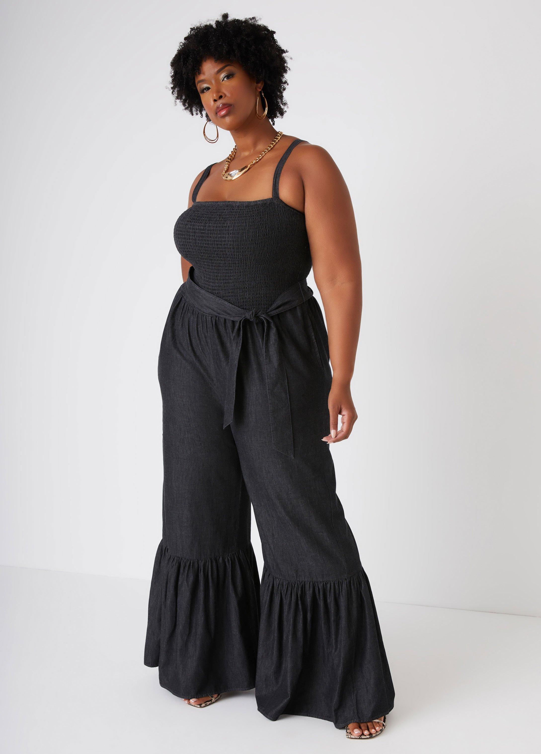 Plus Size Chambray Bell Bottom Jumpsuit Ashley Stewart Product Image