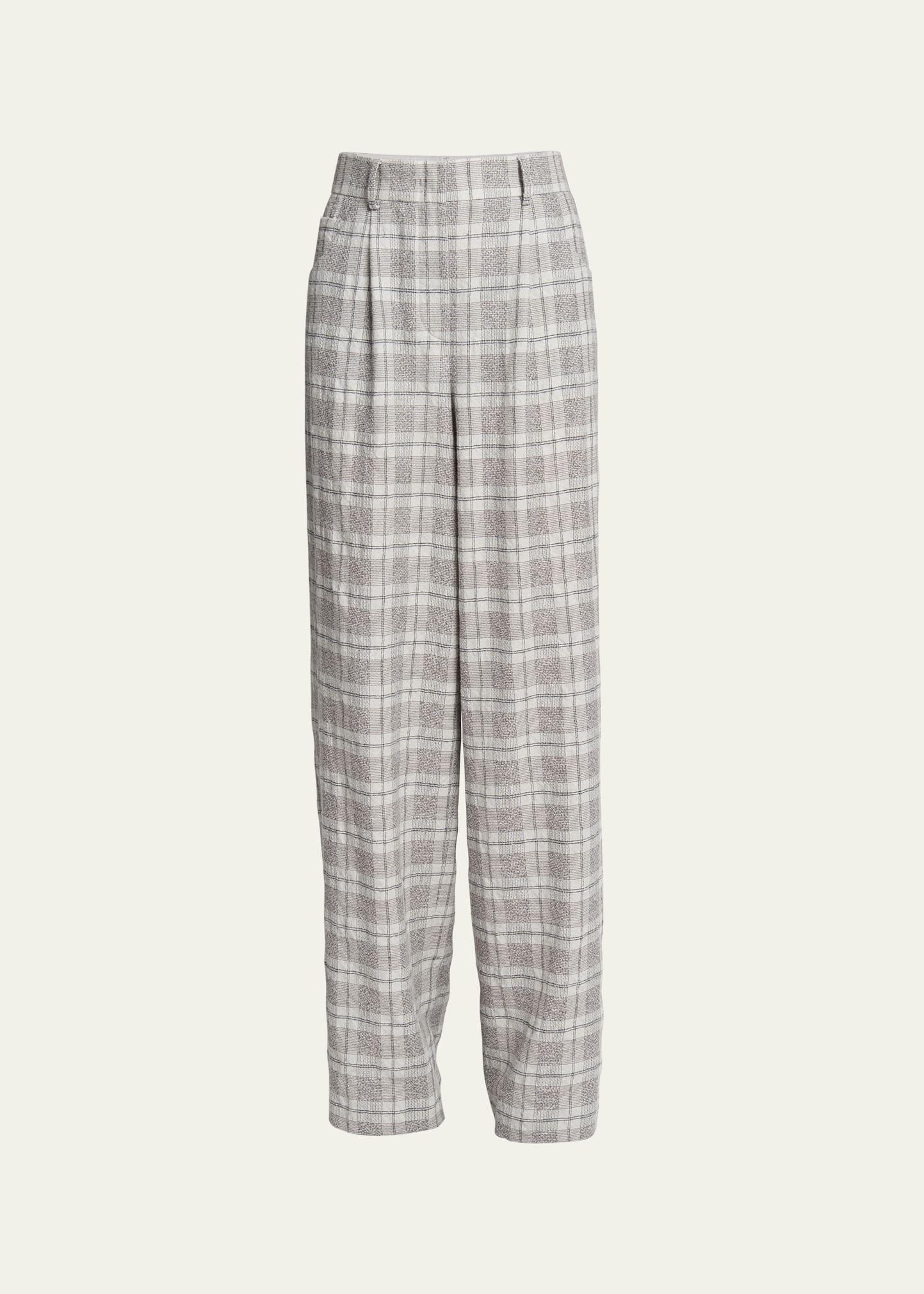 Washed Wool Check Print Relaxed Trousers Product Image