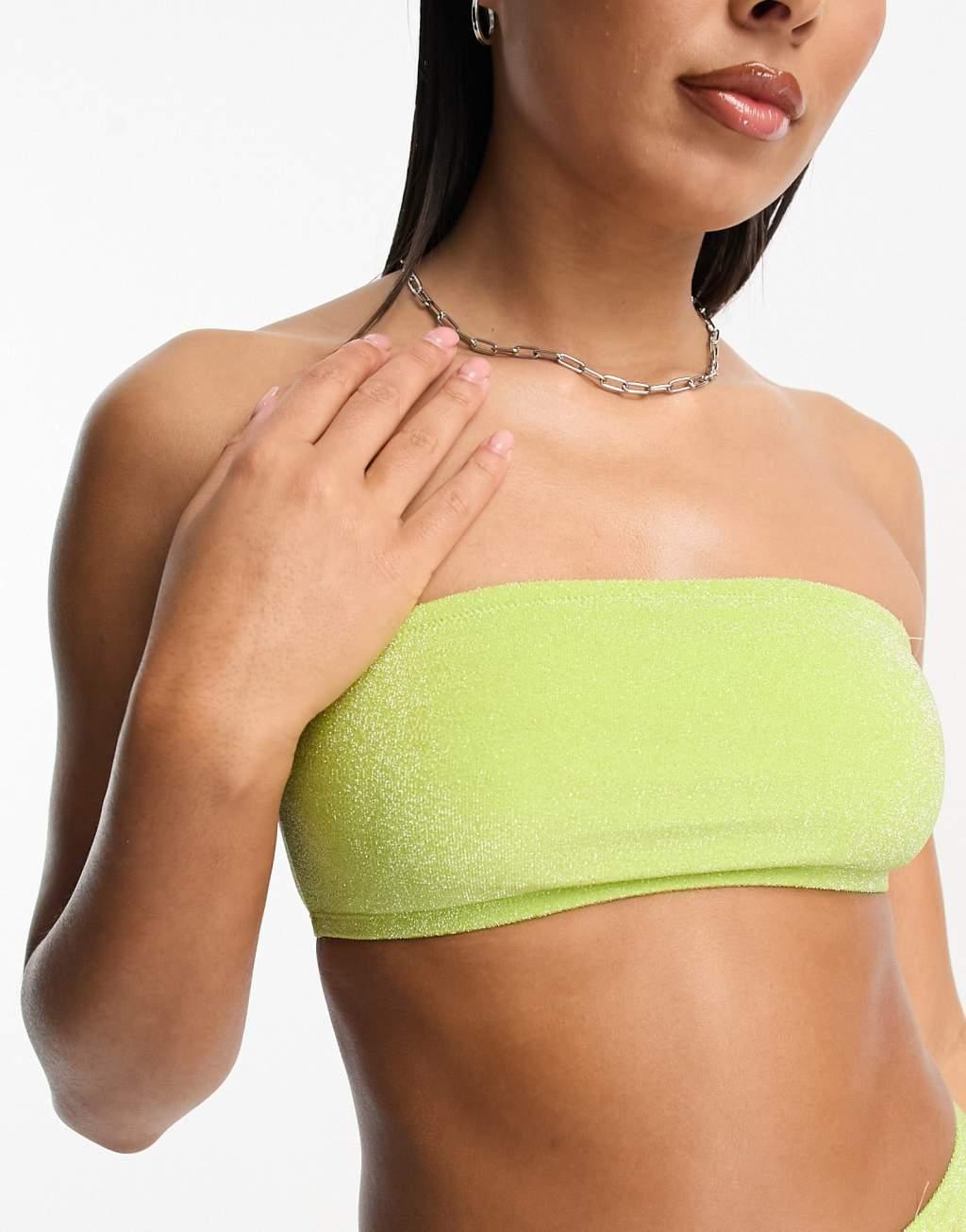 Monki glitter bendaue bikini top with back tie in lime green - part of a set Product Image