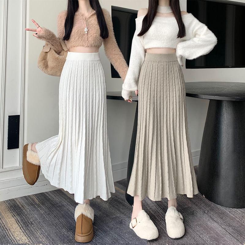 High Waist Plain Cable Knit Maxi Fishtail Skirt Product Image