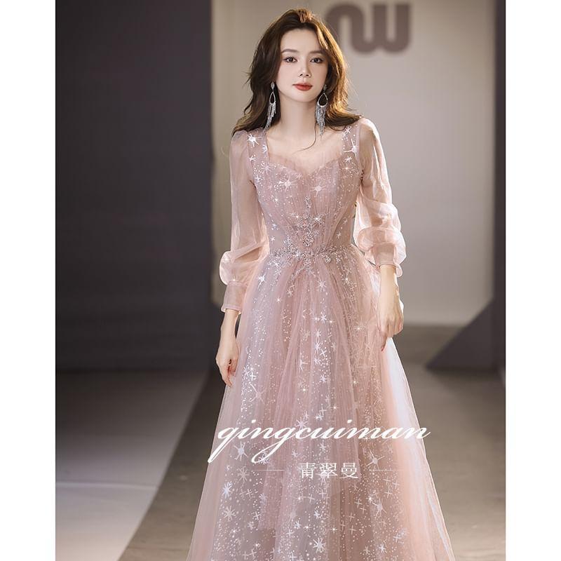 Long-Sleeve V-Neck Sequin Mesh A-Line Evening Gown Product Image