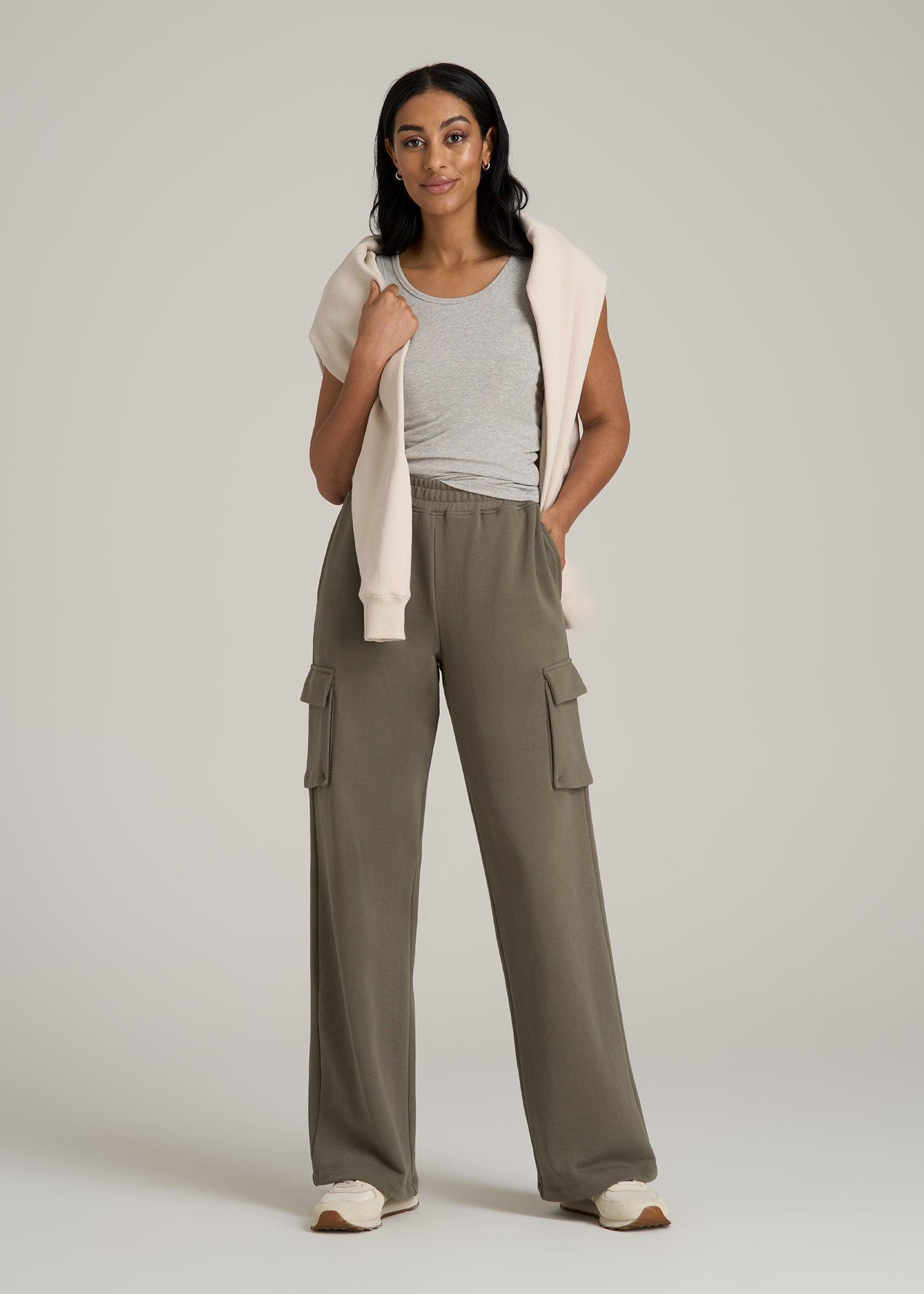 French Terry Wide Leg Cargo Sweatpants for Tall Women in Camper Green Female Product Image