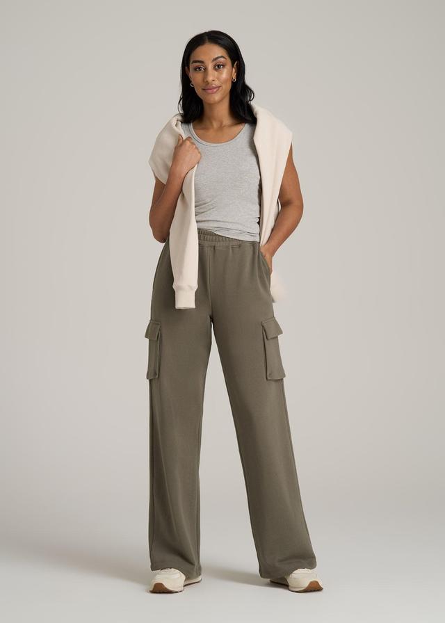 French Terry Wide Leg Cargo Sweatpants for Tall Women in Camper Green Product Image