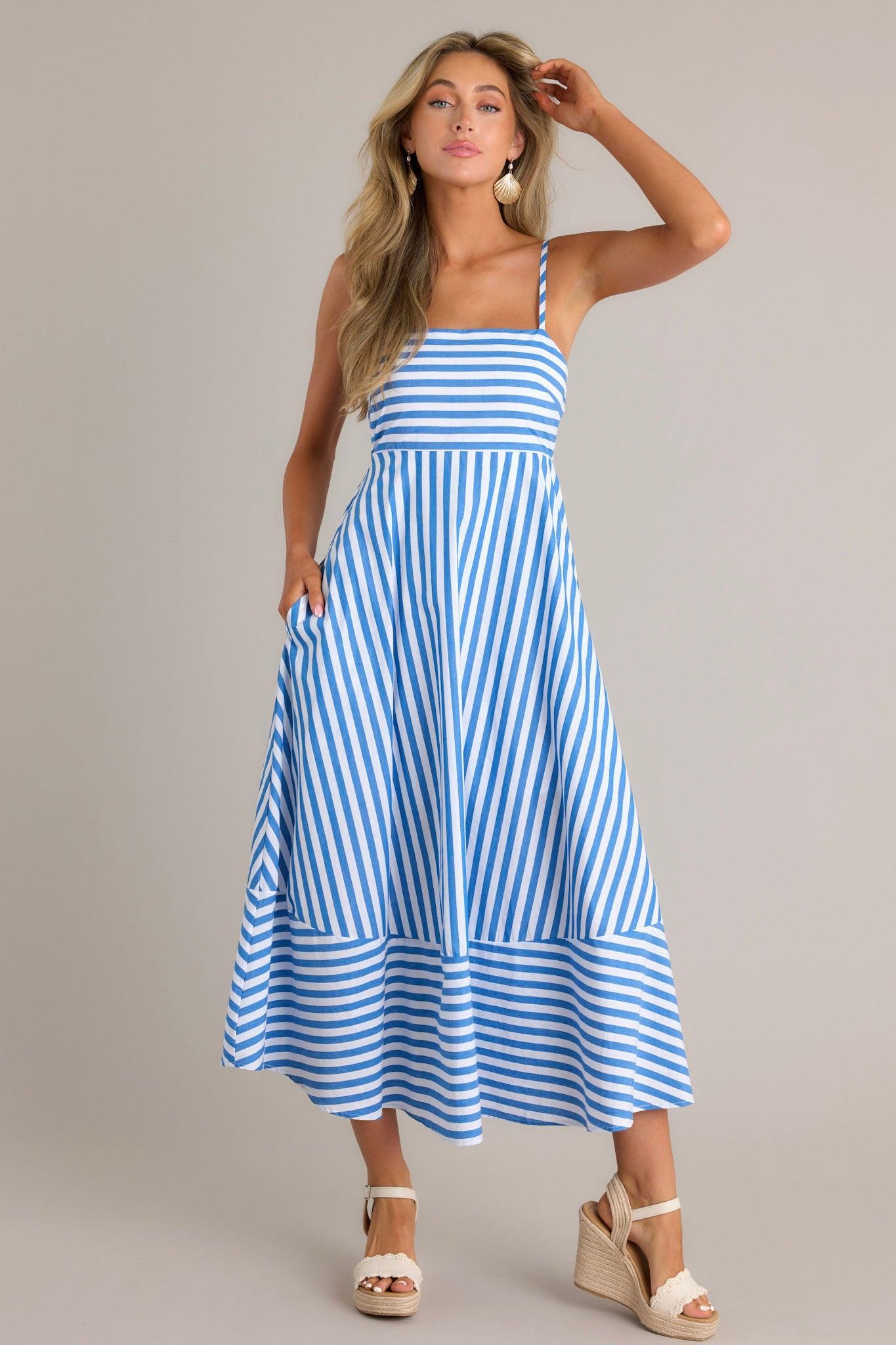 Serene Stunner 100% Cotton Blue Stripe Midi Dress Product Image