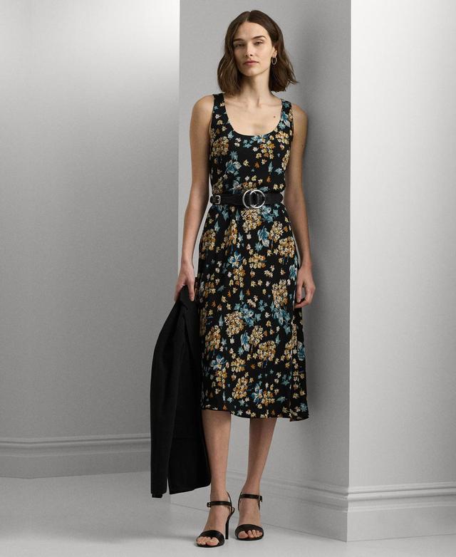 Women's Floral Belted Crepe Sleeveless Dress Product Image