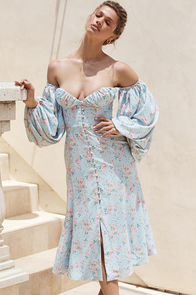 Hope Blue Floral Bardot Midi Sundress Product Image