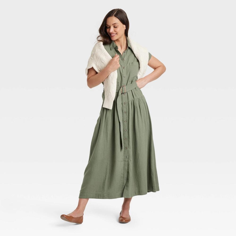 Womens Short Sleeve Belted Midi Shirtdress - Universal Thread Olive M Product Image