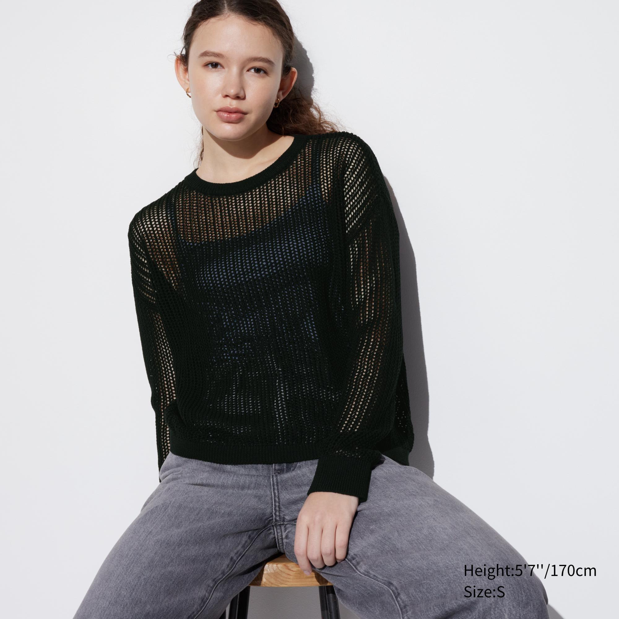 Womens Mesh Crew Neck Long-Sleeve Sweater Black Small UNIQLO US Product Image