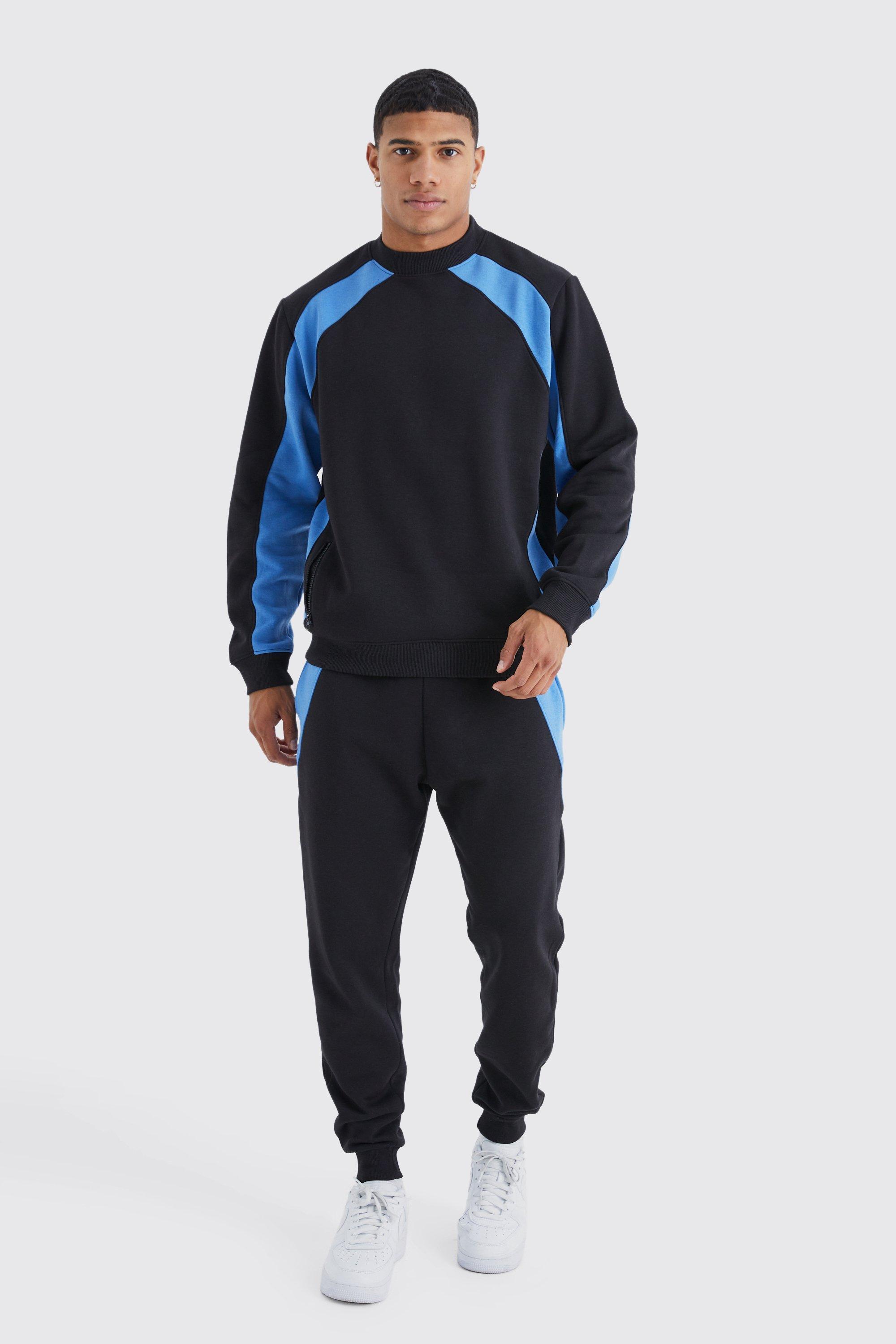 Mens Black Zip Detail Colour Block Sweatshirt Tracksuit, Black product image