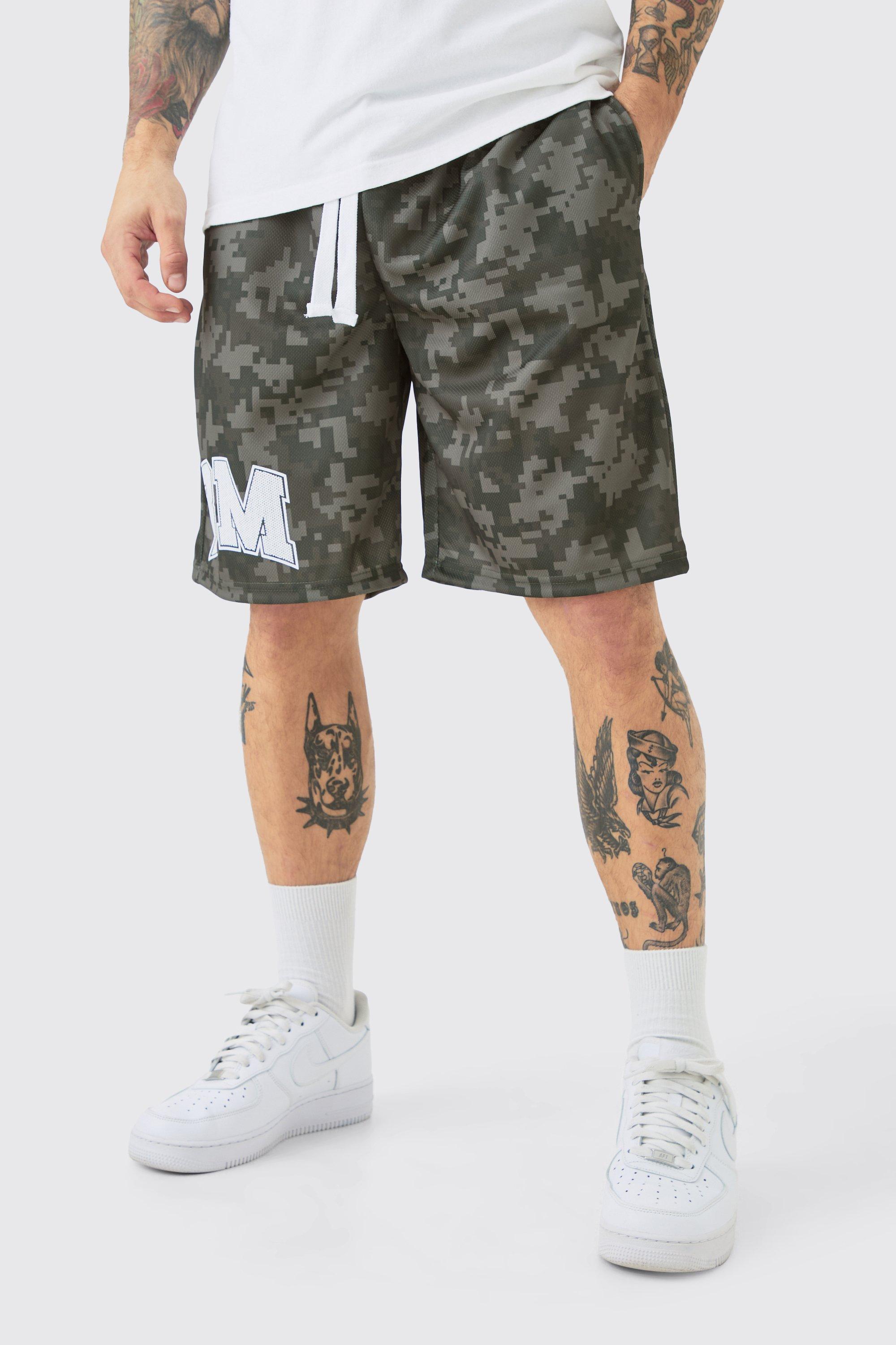 Mens Green BM Camo Printed Mesh Basketball Shorts, Green Product Image