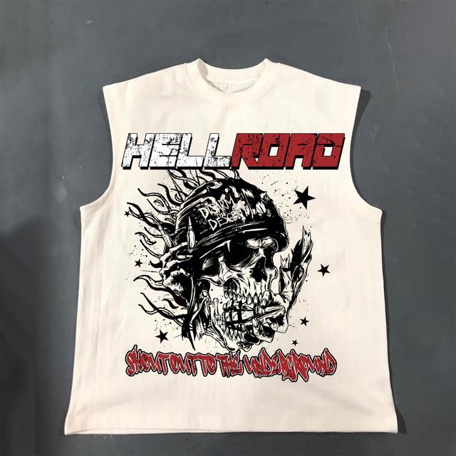 Casual Hell Road Retro Star Flame Skull Print Cotton Tank Top Product Image