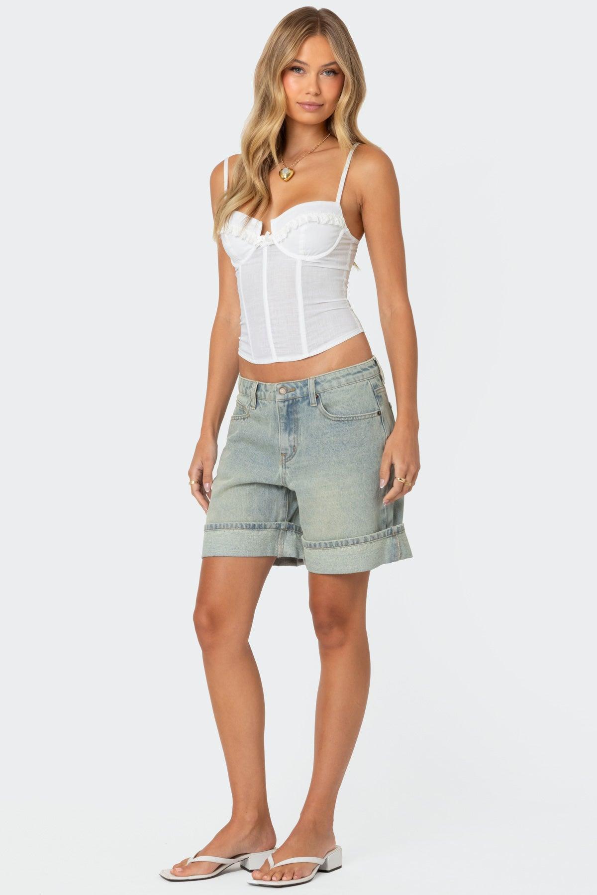 Cuffed Washed Denim Bermuda Shorts Product Image