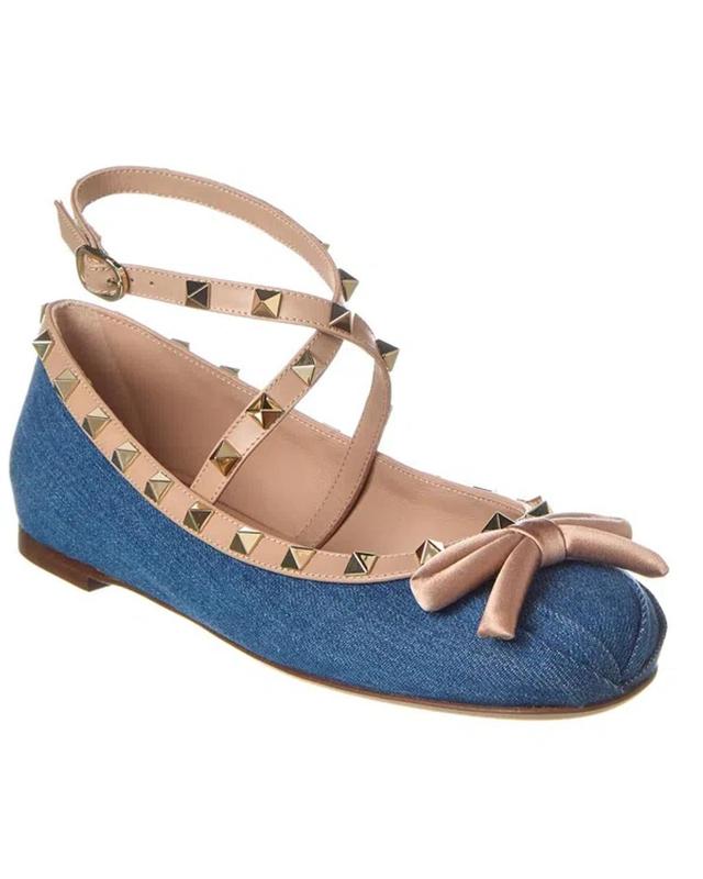 Rockstud Leather-trimmed Denim Ballet Flats In Blue Product Image