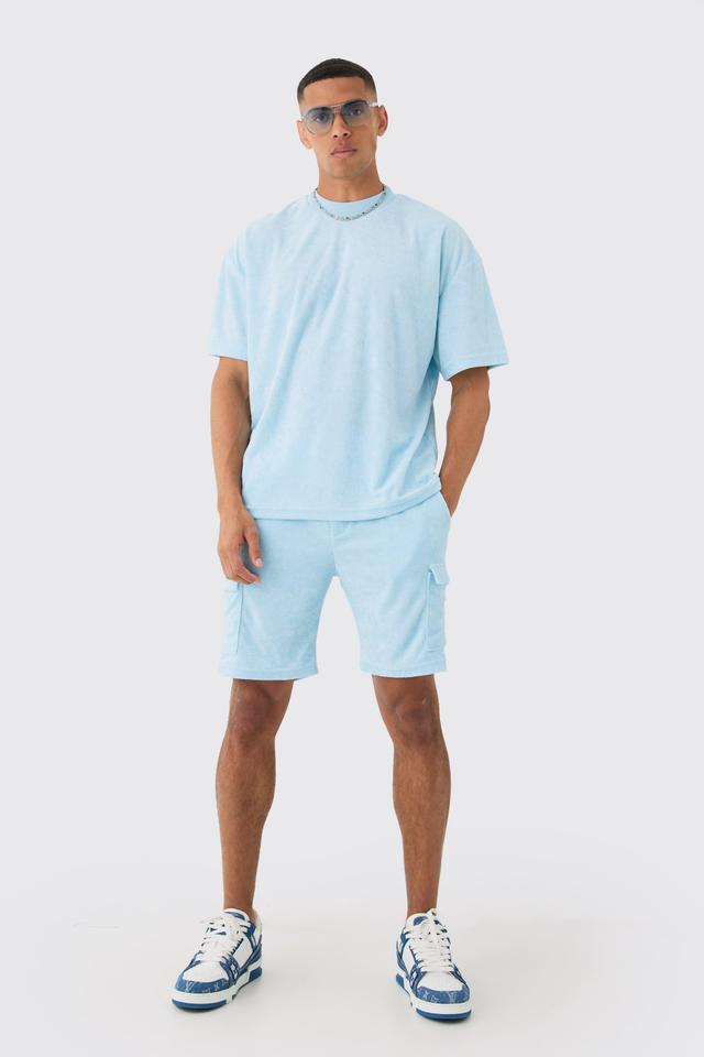 Mens Blue Oversized Extended Neck Towelling T-shirt & Cargo Shorts, Blue Product Image