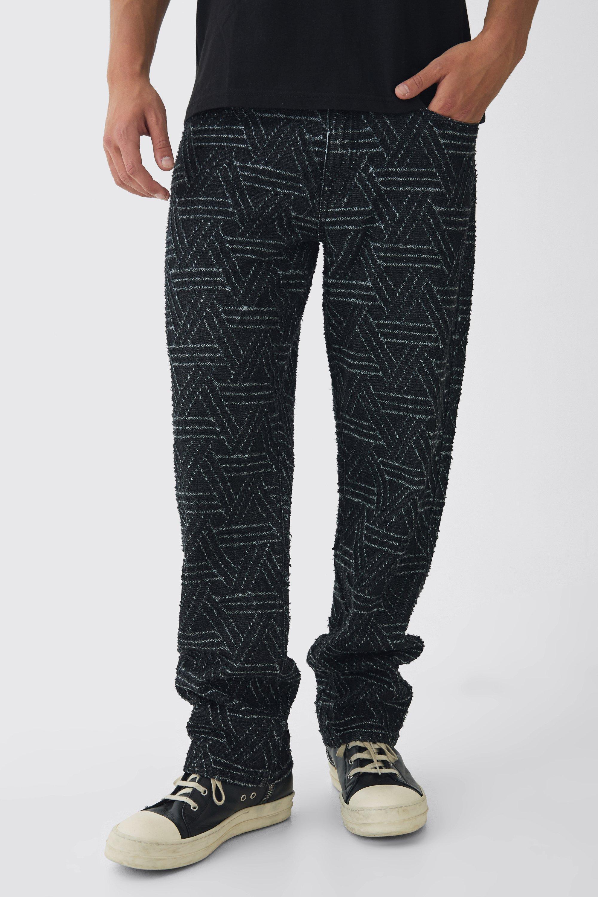 Relaxed Rigid Distressed Jacquard Jeans | boohooMAN USA Product Image