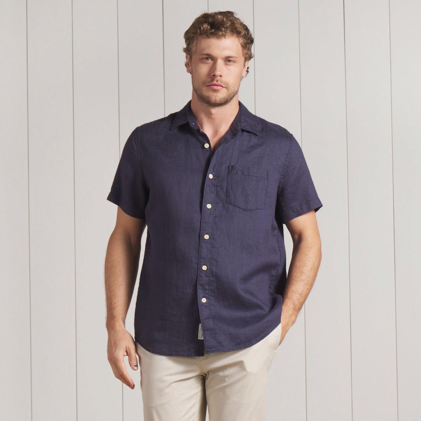 Amalfi Textured Hemp Linen Cotton Short Sleeve Shirt - Blue Steel Product Image