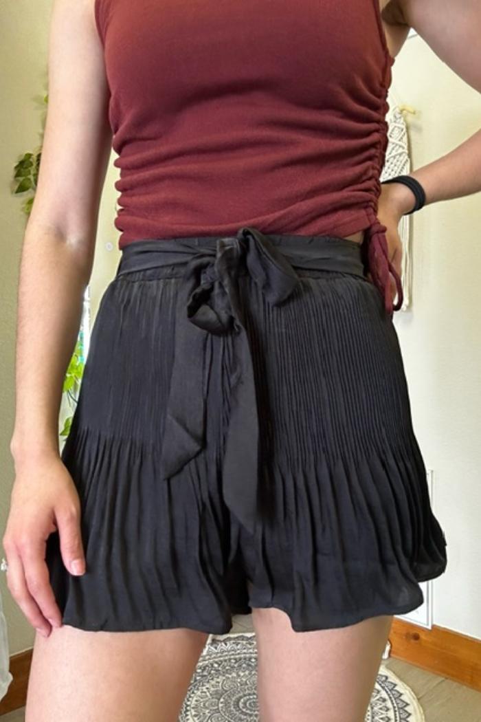 Pleated Satin Shorts w/Waist Tie Product Image