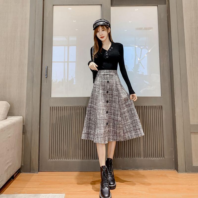 High Rise Plaid Button Accent Midi A-Line Skirt Product Image