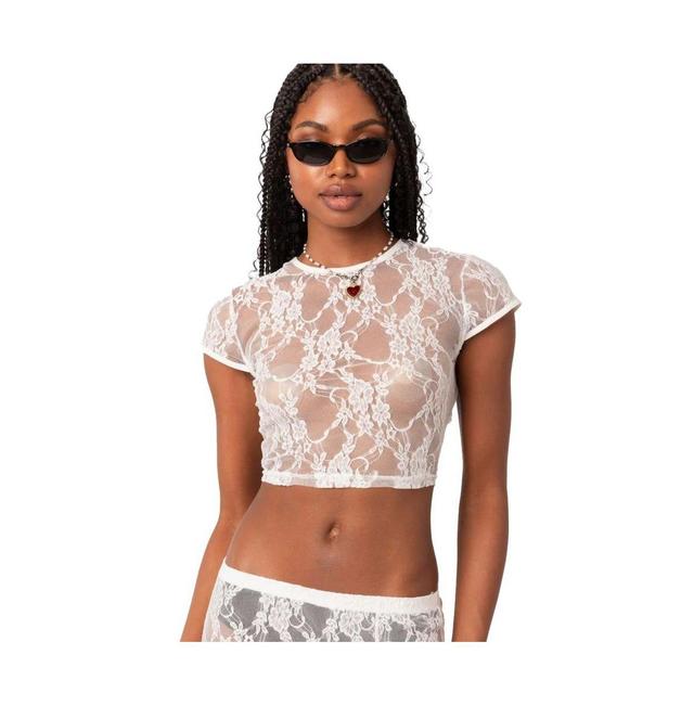 Womens Lace Open Back Cap Sleeve Crop Top Product Image